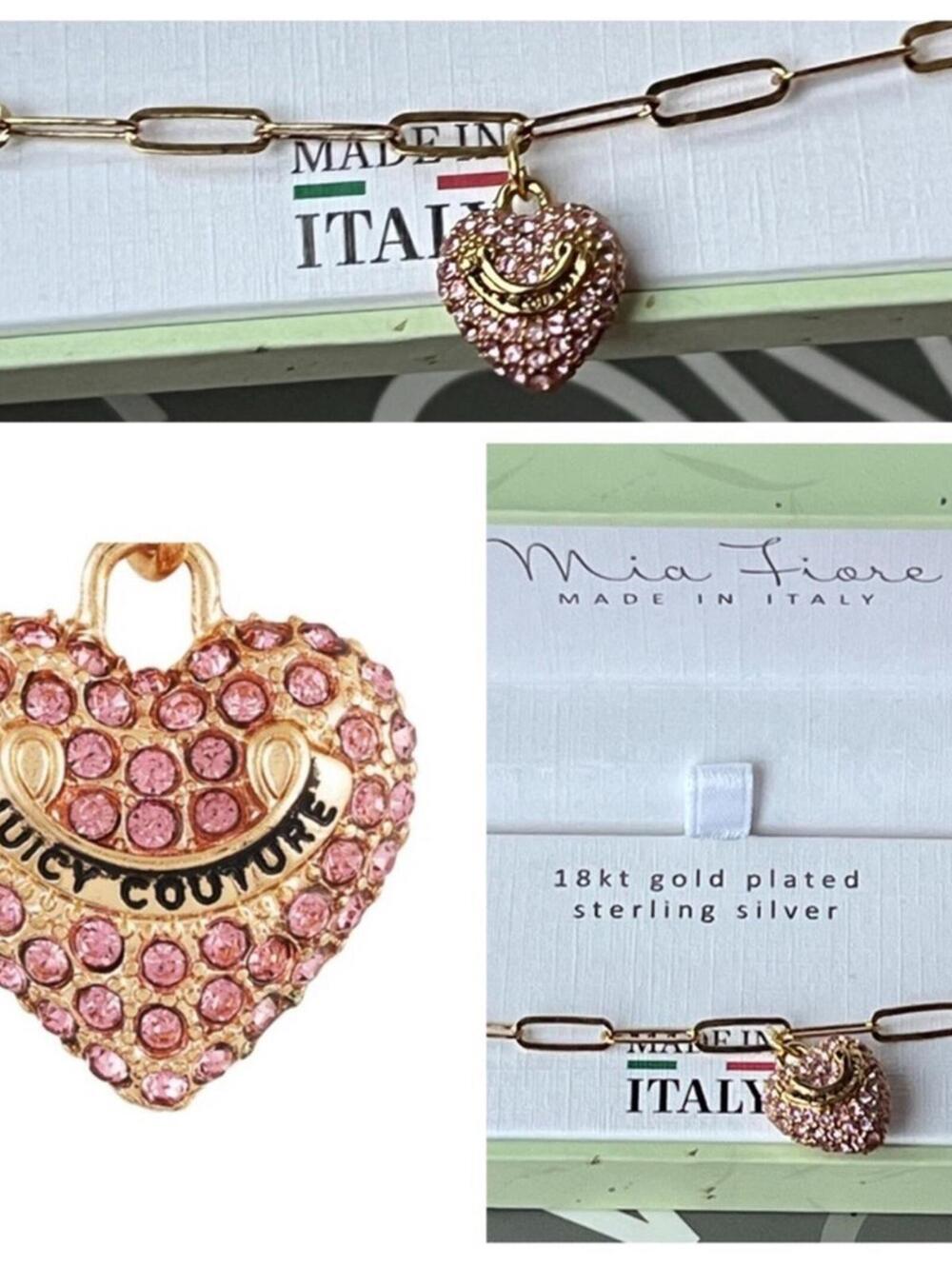 NIB 18K Gold Juicy Couture Charm Bracelet PINK HEART Paperclip Chain Silver 925